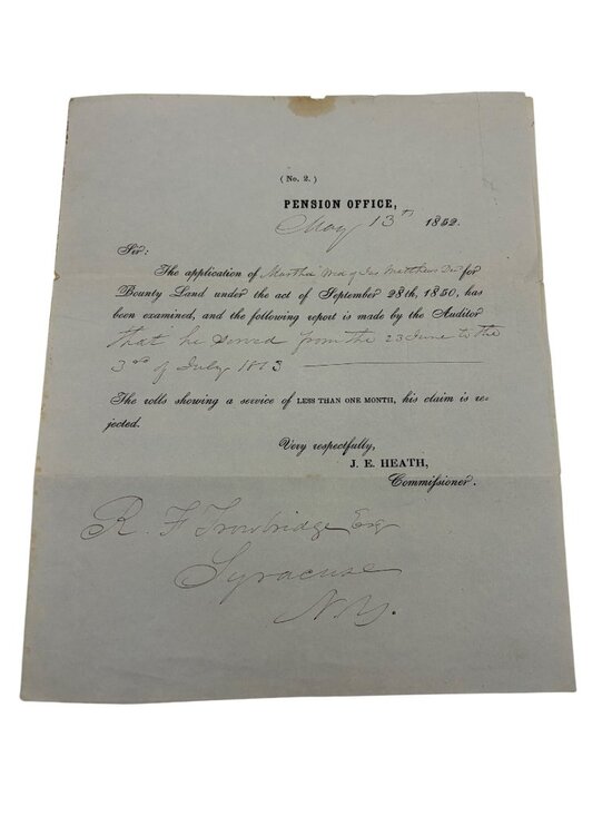 US Pension Office Other - 1852 US Pension Office Letter Bounty Land Claim Rejected Syracuse NY US Gov Doc
